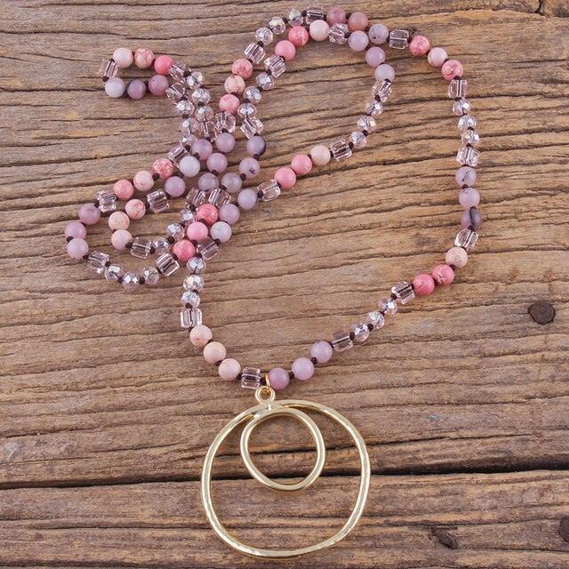 BOHO Elegance Natural Stone Beaded Double Hoop Pendant Necklace - 86cm Chain Length Fashion Accessory - Lucid Fantasy 