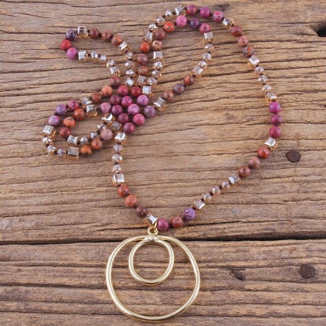 BOHO Elegance Natural Stone Beaded Double Hoop Pendant Necklace - 86cm Chain Length Fashion Accessory - Lucid Fantasy 