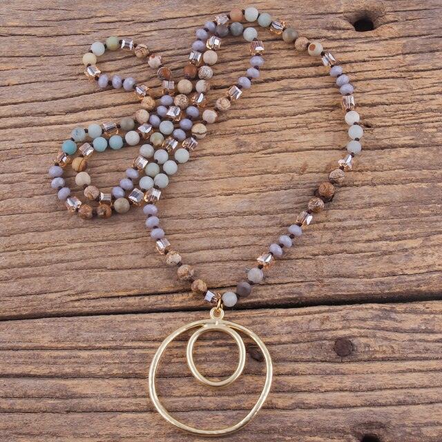 BOHO Elegance Natural Stone Beaded Double Hoop Pendant Necklace - 86cm Chain Length Fashion Accessory - Lucid Fantasy 