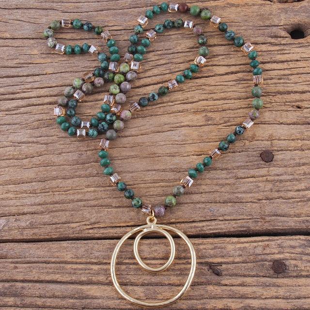 BOHO Elegance Natural Stone Beaded Double Hoop Pendant Necklace - 86cm Chain Length Fashion Accessory - Lucid Fantasy 