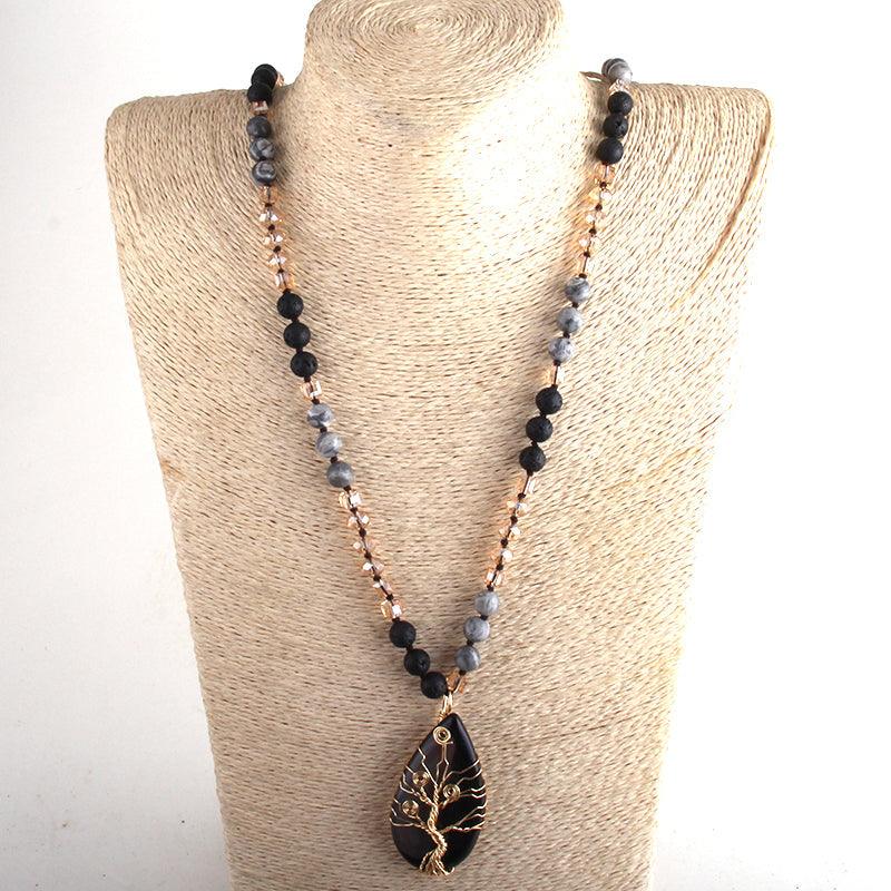 BOHO Elegance Natural Stone Tree Pendant with Gold Twist - Statement Necklace - Lucid Fantasy 