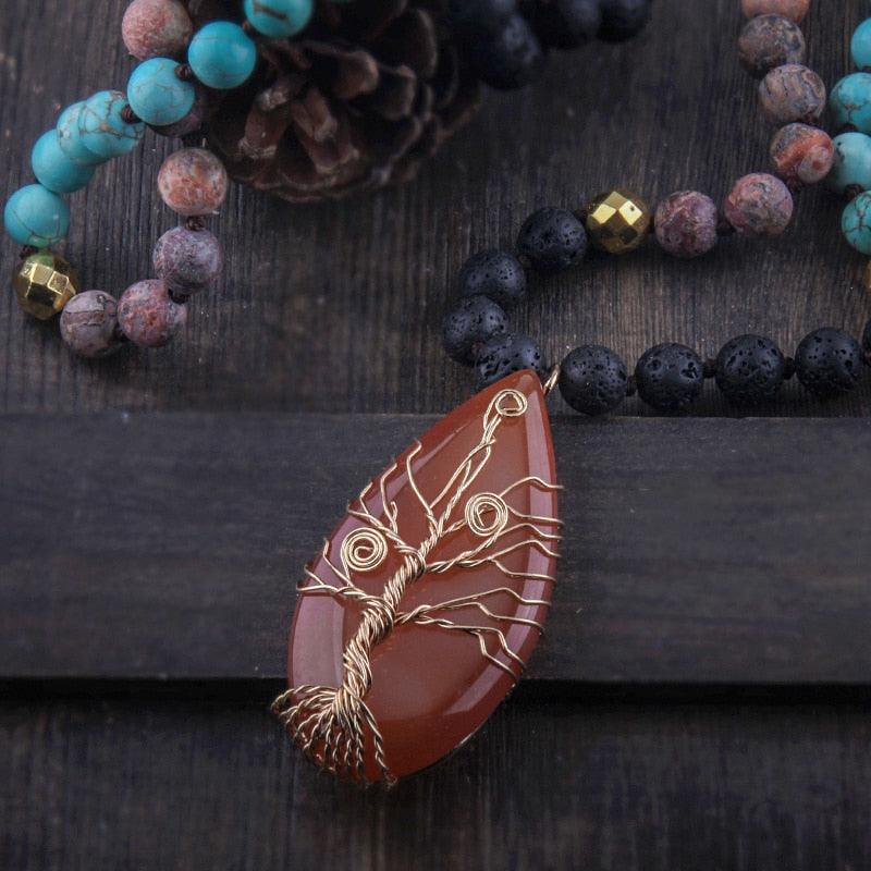 BOHO Elegance Natural Stone Tree Pendant with Gold Twist - Statement Necklace - Lucid Fantasy 