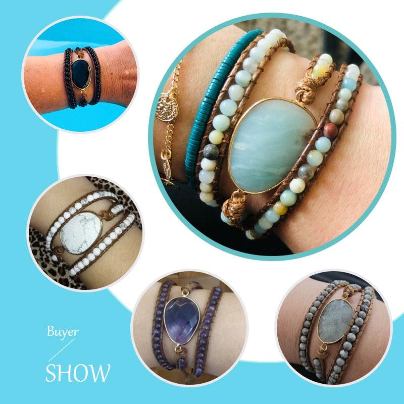 BOHO Elegance Natural Stone Wrap Bracelet with Alloy Accents - Lucid Fantasy 