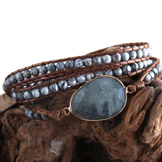 BOHO Elegance Natural Stone Wrap Bracelet with Alloy Accents - Lucid Fantasy 