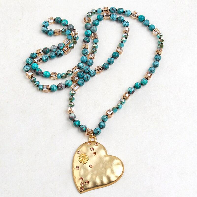 BOHO Natural Stone Beaded Necklace with Gold Heart Pendant - Lucid Fantasy 