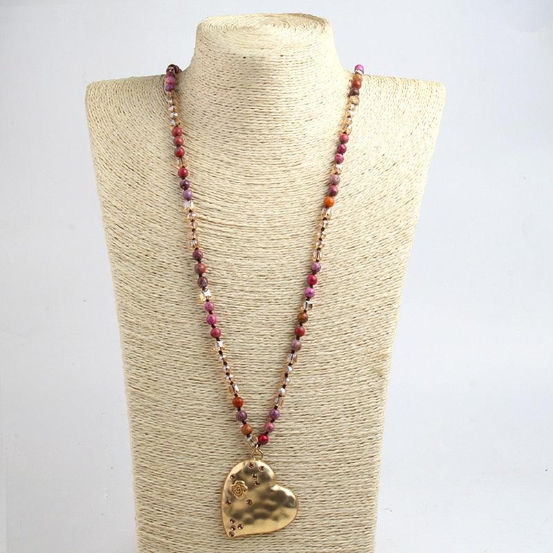 BOHO Natural Stone Beaded Necklace with Gold Heart Pendant - Lucid Fantasy 