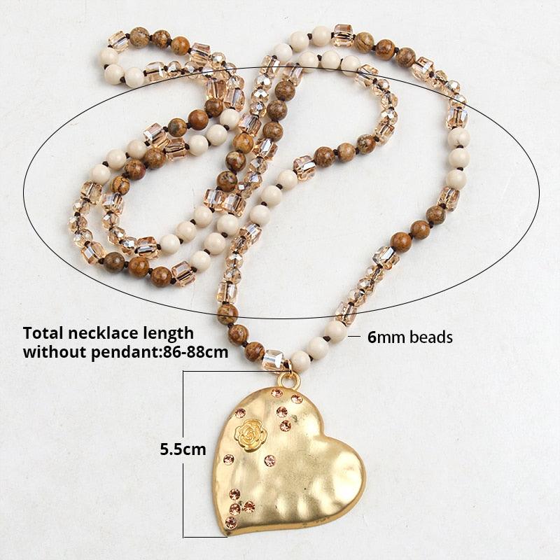 BOHO Natural Stone Beaded Necklace with Gold Heart Pendant - Lucid Fantasy 