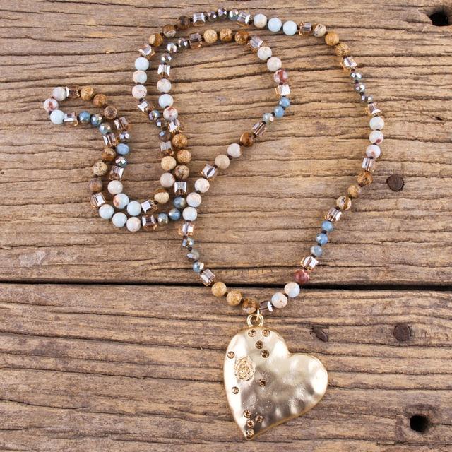 BOHO Natural Stone Beaded Necklace with Gold Heart Pendant - Lucid Fantasy 