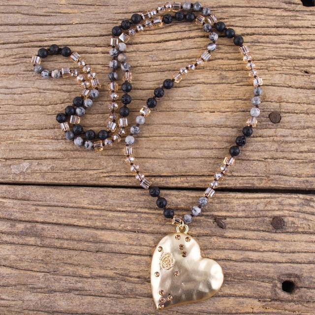 BOHO Natural Stone Beaded Necklace with Gold Heart Pendant - Lucid Fantasy 