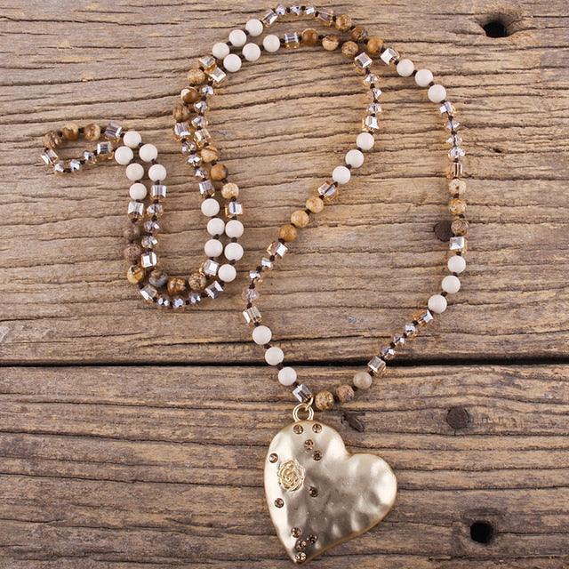 BOHO Natural Stone Beaded Necklace with Gold Heart Pendant - Lucid Fantasy 