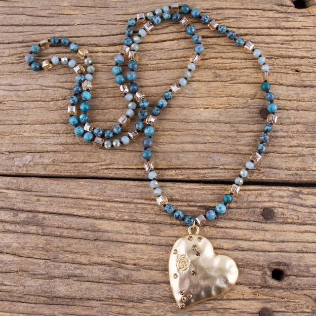 BOHO Natural Stone Beaded Necklace with Gold Heart Pendant - Lucid Fantasy 