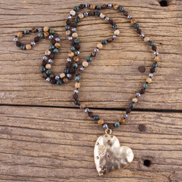 BOHO Natural Stone Beaded Necklace with Gold Heart Pendant - Lucid Fantasy 