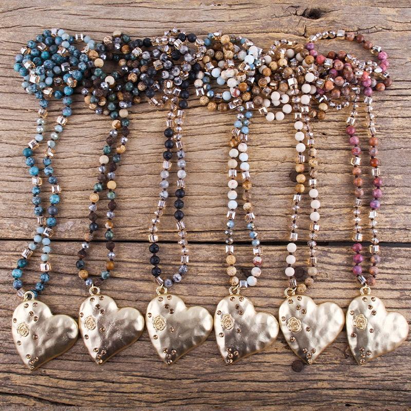 BOHO Natural Stone Beaded Necklace with Gold Heart Pendant - Lucid Fantasy 