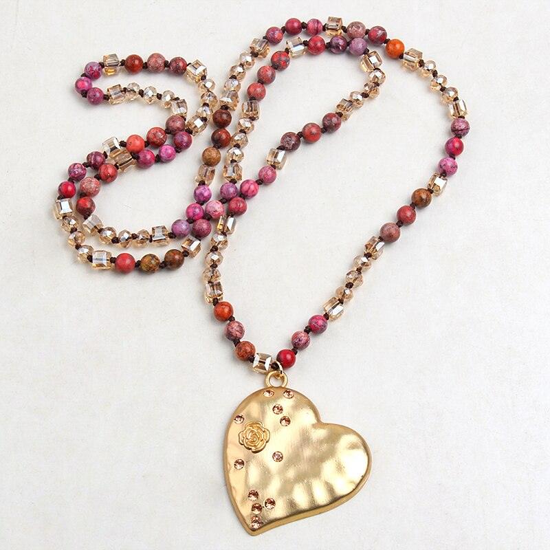 BOHO Natural Stone Beaded Necklace with Gold Heart Pendant - Lucid Fantasy 