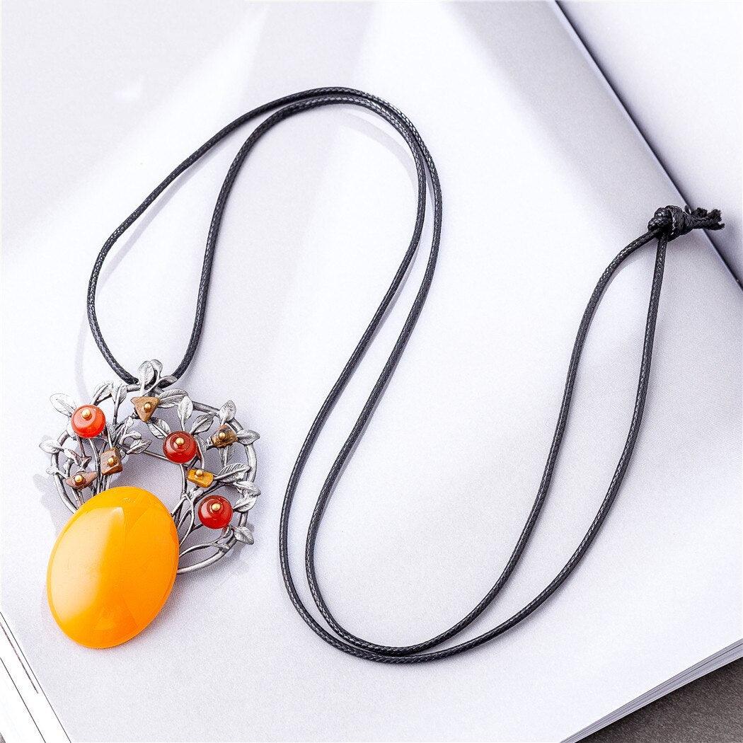 BOHO Orange Floral Harvest Pendant Necklace - Rustic Fashion Statement - 80cm Chain - Lucid Fantasy 