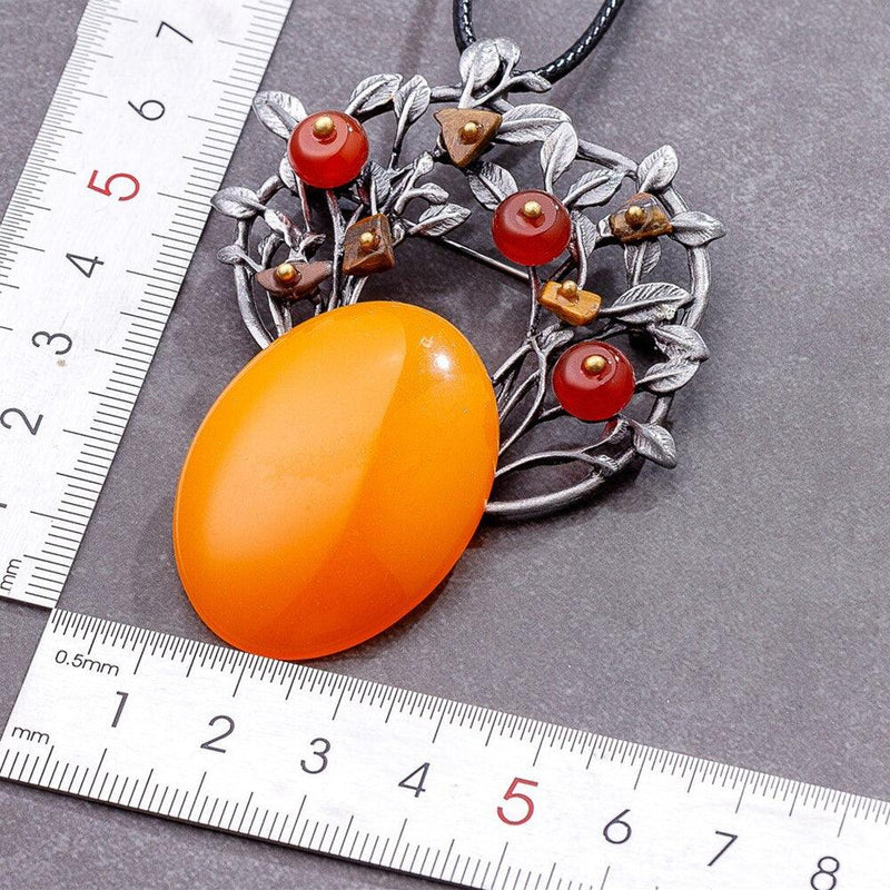 BOHO Orange Floral Harvest Pendant Necklace - Rustic Fashion Statement - 80cm Chain - Lucid Fantasy 