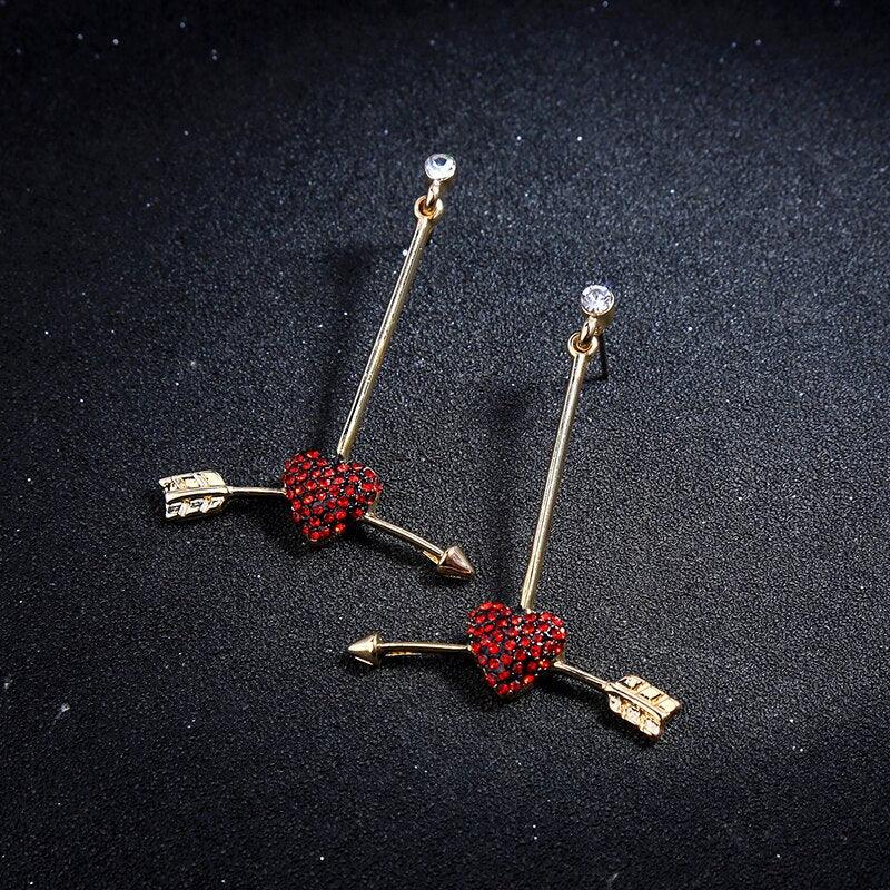 Charming Heart & Arrow Red Crystal Dangle Earrings - Lucid Fantasy 