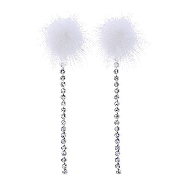 Chic Black and White Faux Fur Pom Pom Tassel Drop Earrings - Lucid Fantasy 