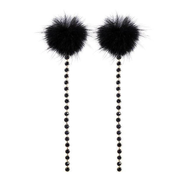 Chic Black and White Faux Fur Pom Pom Tassel Drop Earrings - Lucid Fantasy 