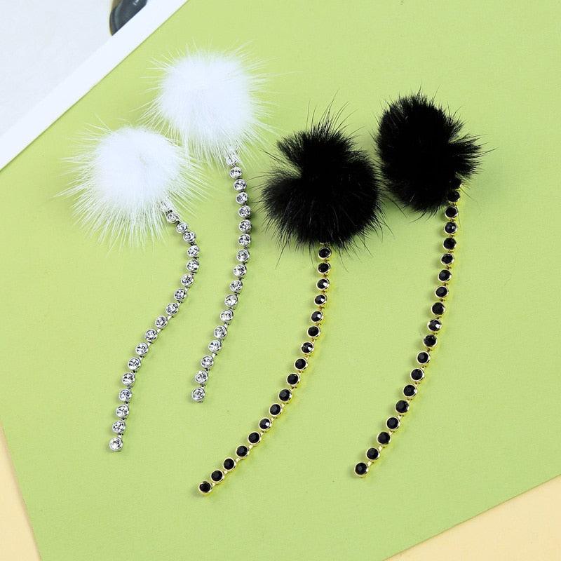 Chic Black and White Faux Fur Pom Pom Tassel Drop Earrings - Lucid Fantasy 