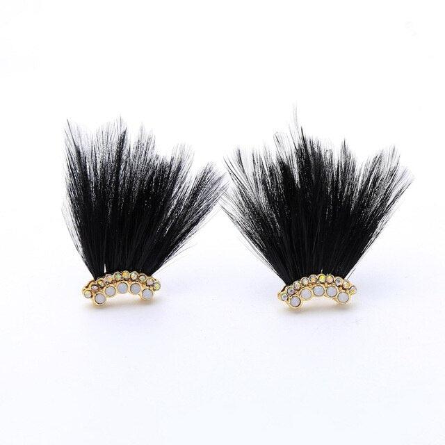 Chic Bohemian Feather and Crystal Stud Earrings in Black and White - Lucid Fantasy 