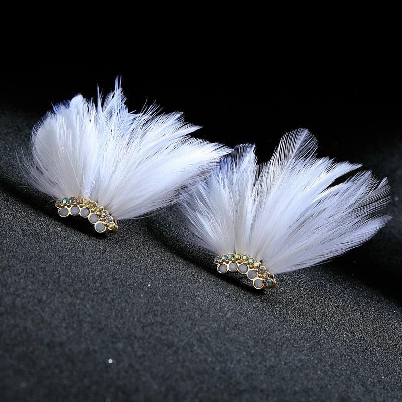 Chic Bohemian Feather and Crystal Stud Earrings in Black and White - Lucid Fantasy 