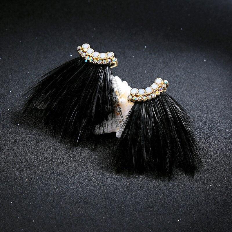 Chic Bohemian Feather and Crystal Stud Earrings in Black and White - Lucid Fantasy 