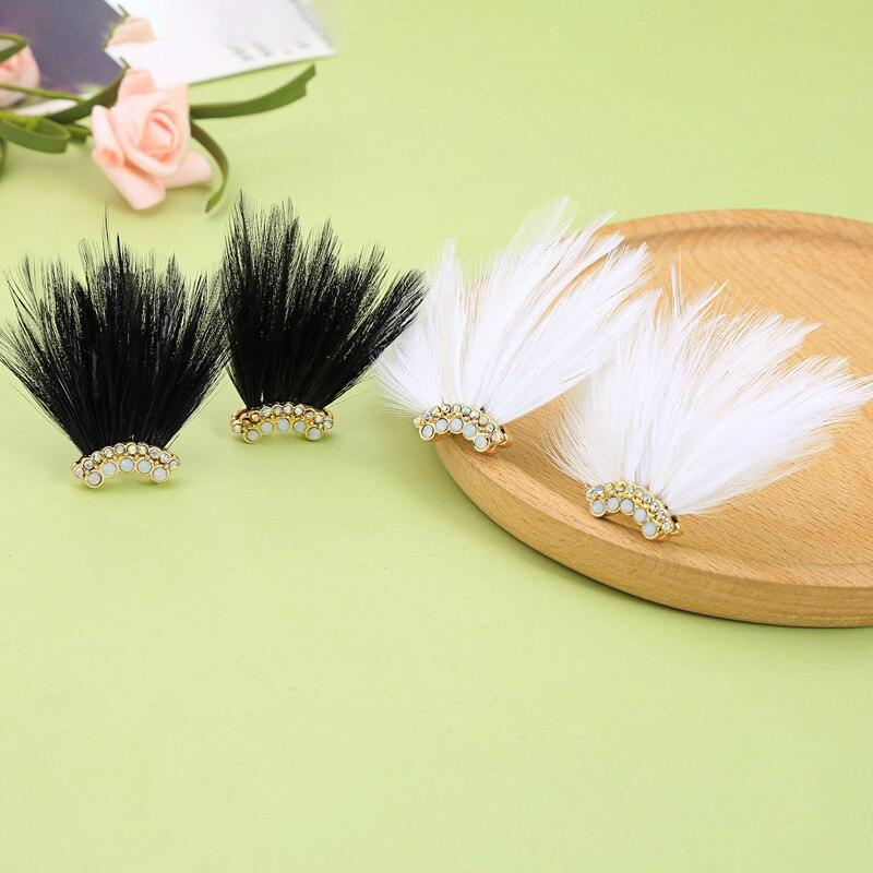 Chic Bohemian Feather and Crystal Stud Earrings in Black and White - Lucid Fantasy 