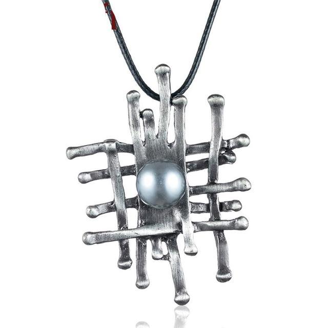 Chic Elegance Metallic Pearl Crosshatch Pendant Necklace - Silver - 80cm Fashion Statement Chain - Lucid Fantasy 