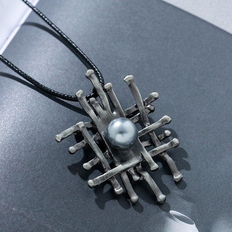 Chic Elegance Metallic Pearl Crosshatch Pendant Necklace - Silver - 80cm Fashion Statement Chain - Lucid Fantasy 