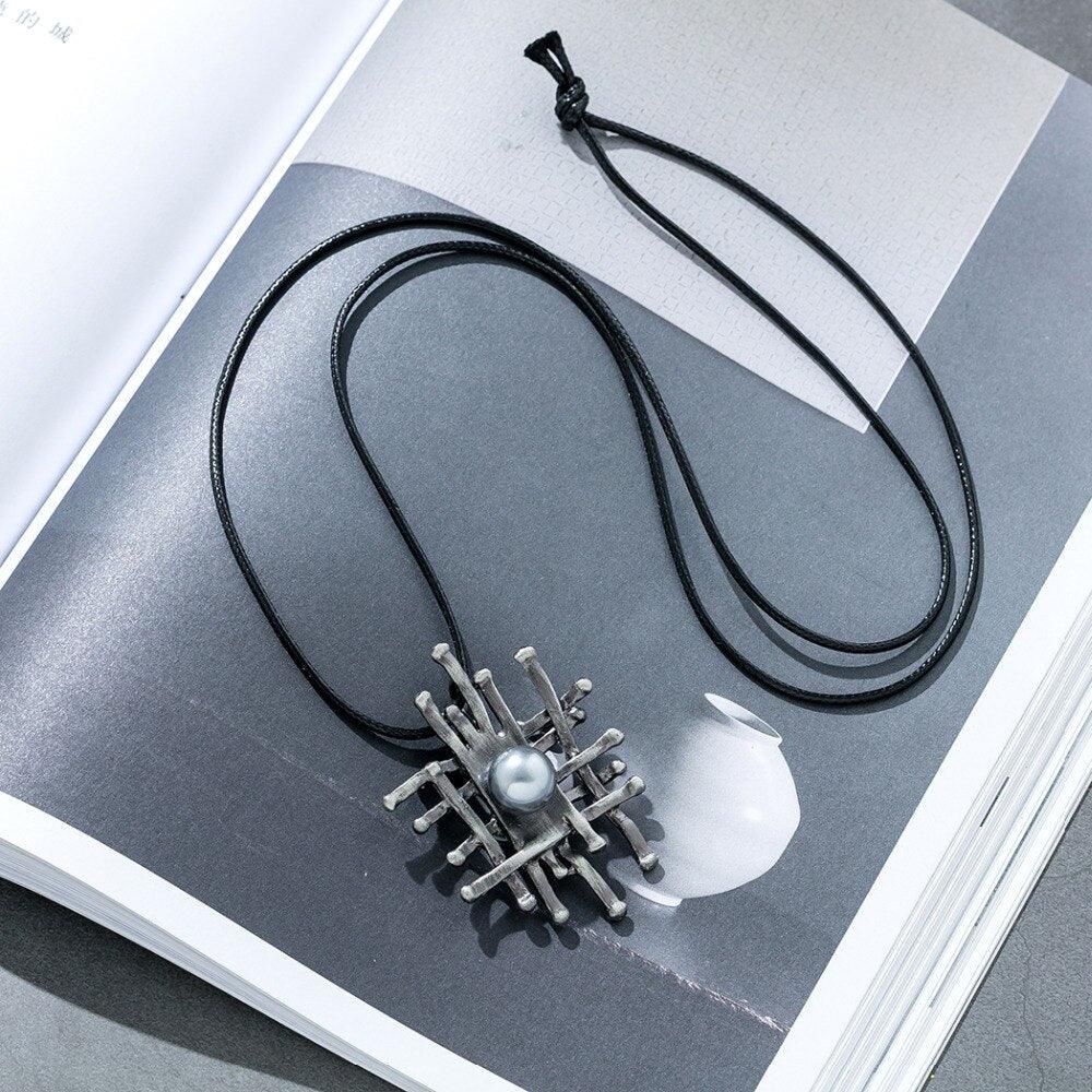 Chic Elegance Metallic Pearl Crosshatch Pendant Necklace - Silver - 80cm Fashion Statement Chain - Lucid Fantasy 