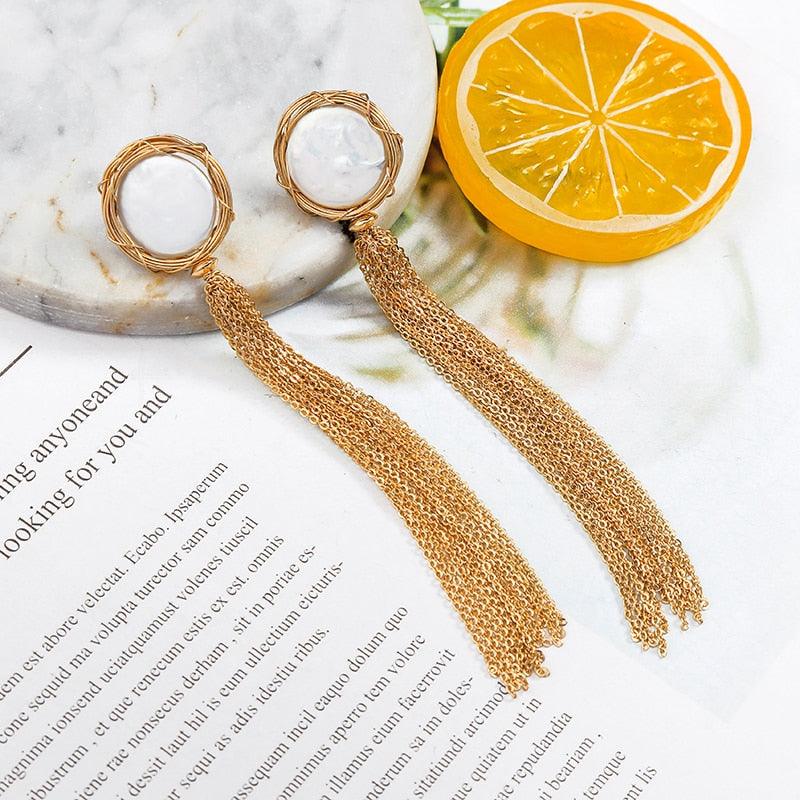 Chic Golden Shell Stud Long Tassel Drop Earrings with Thin Chain - Lucid Fantasy 