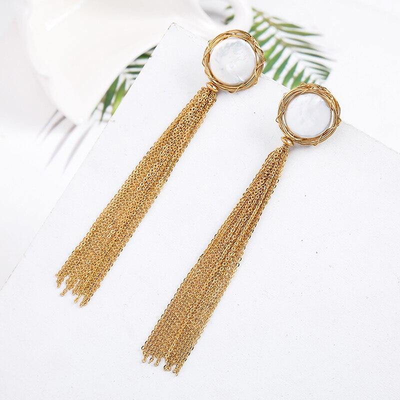 Chic Golden Shell Stud Long Tassel Drop Earrings with Thin Chain - Lucid Fantasy 