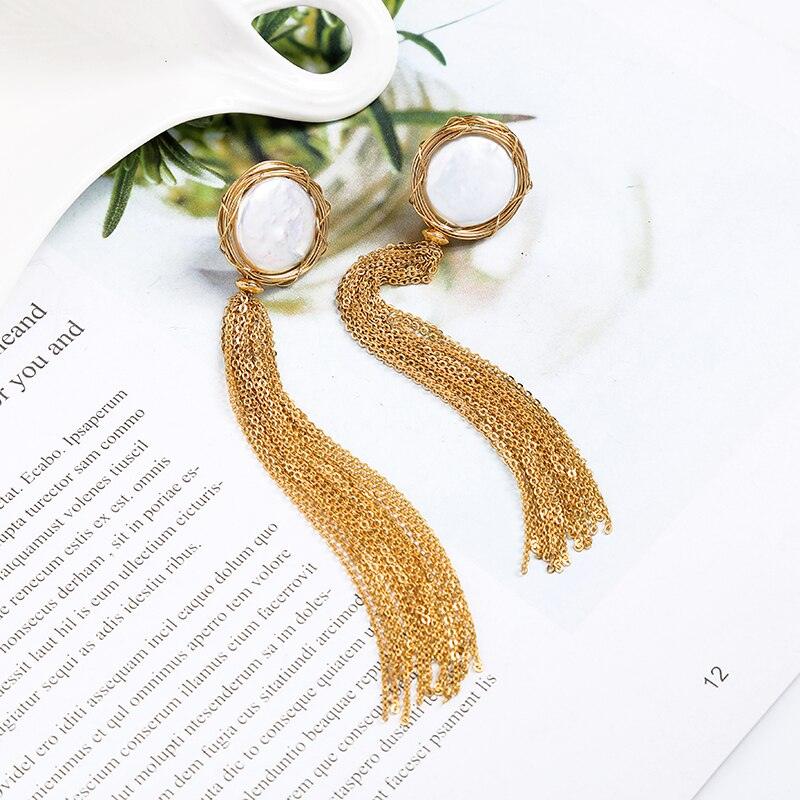 Chic Golden Shell Stud Long Tassel Drop Earrings with Thin Chain - Lucid Fantasy 