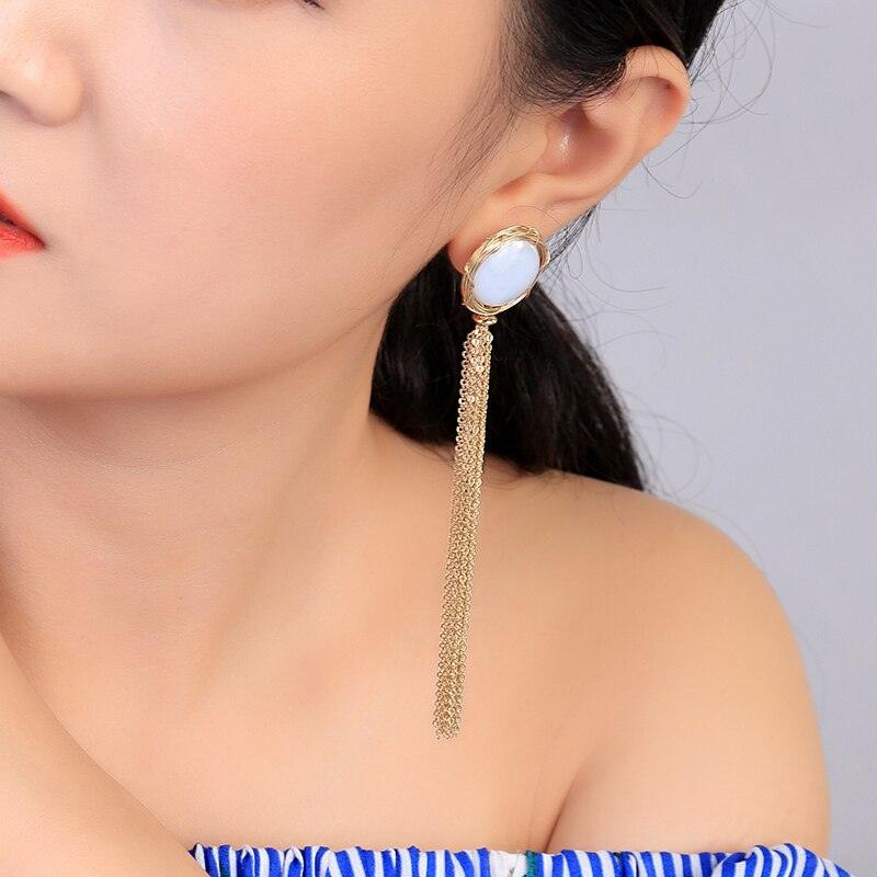 Chic Golden Shell Stud Long Tassel Drop Earrings with Thin Chain - Lucid Fantasy 