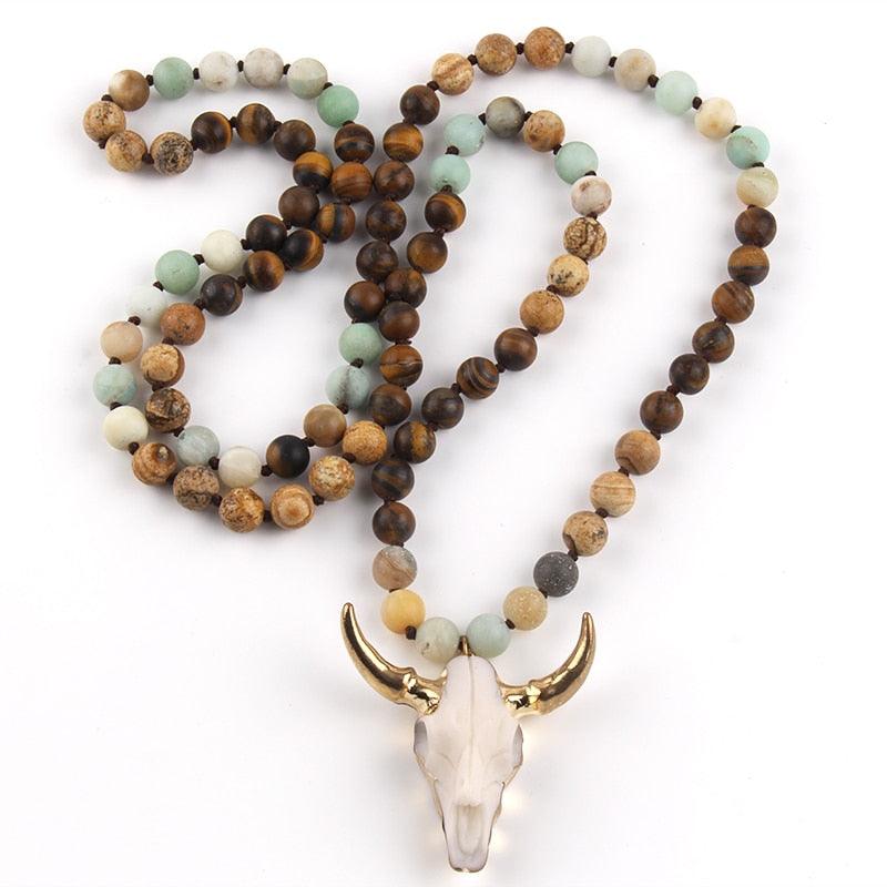 Chic Pink Bohemian Bull Head Pendant Necklace with Natural Stone Beads - 86cm Chain - Lucid Fantasy 