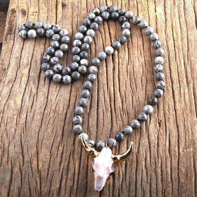 Chic Pink Bohemian Bull Head Pendant Necklace with Natural Stone Beads - 86cm Chain - Lucid Fantasy 