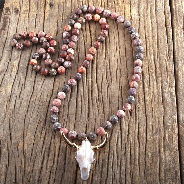 Chic Pink Bohemian Bull Head Pendant Necklace with Natural Stone Beads - 86cm Chain - Lucid Fantasy 