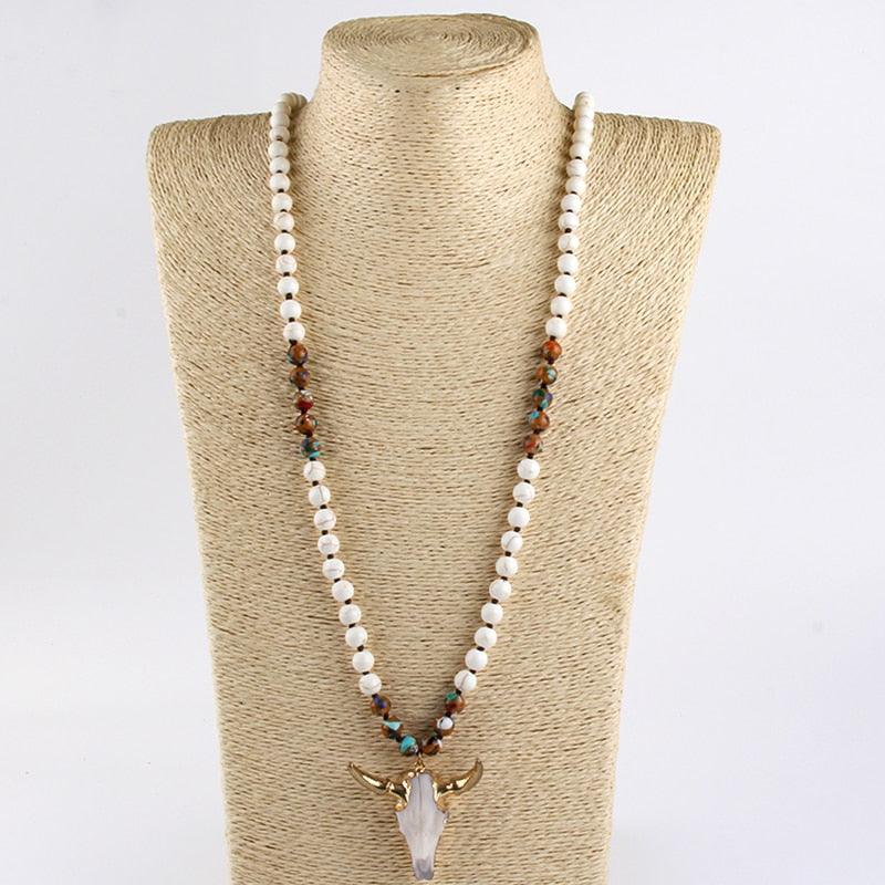 Chic Pink Bohemian Bull Head Pendant Necklace with Natural Stone Beads - 86cm Chain - Lucid Fantasy 