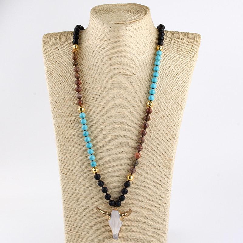 Chic Pink Bohemian Bull Head Pendant Necklace with Natural Stone Beads - 86cm Chain - Lucid Fantasy 