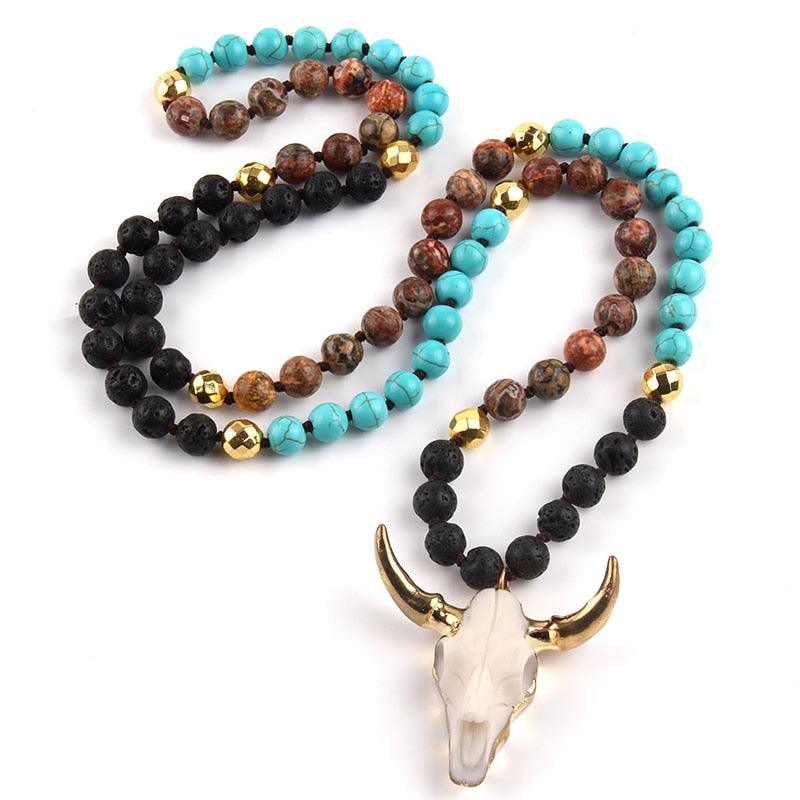 Chic Pink Bohemian Bull Head Pendant Necklace with Natural Stone Beads - 86cm Chain - Lucid Fantasy 