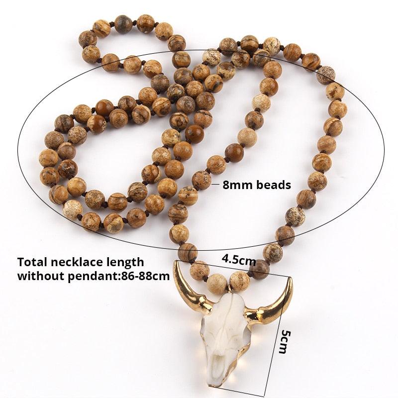 Chic Pink Bohemian Bull Head Pendant Necklace with Natural Stone Beads - 86cm Chain - Lucid Fantasy 