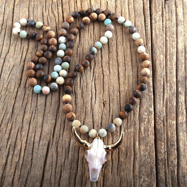 Chic Pink Bohemian Bull Head Pendant Necklace with Natural Stone Beads - 86cm Chain - Lucid Fantasy 