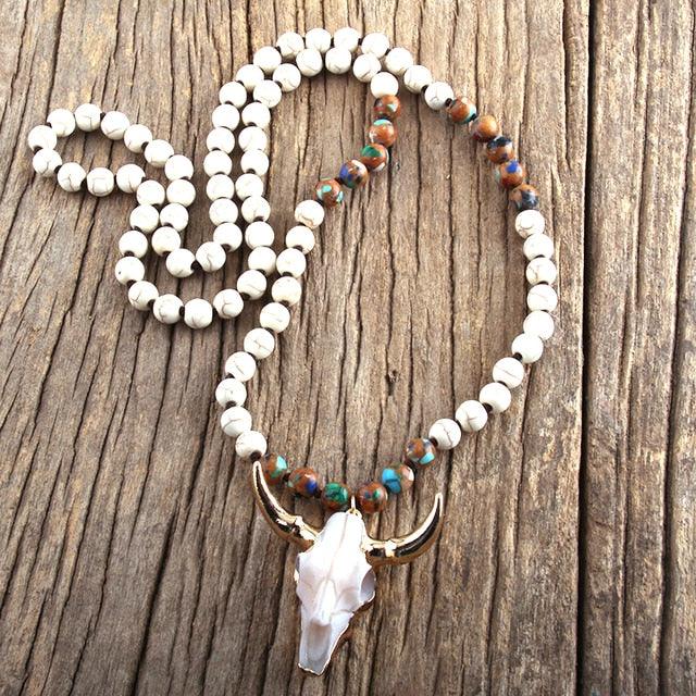 Chic Pink Bohemian Bull Head Pendant Necklace with Natural Stone Beads - 86cm Chain - Lucid Fantasy 