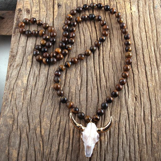 Chic Pink Bohemian Bull Head Pendant Necklace with Natural Stone Beads - 86cm Chain - Lucid Fantasy 