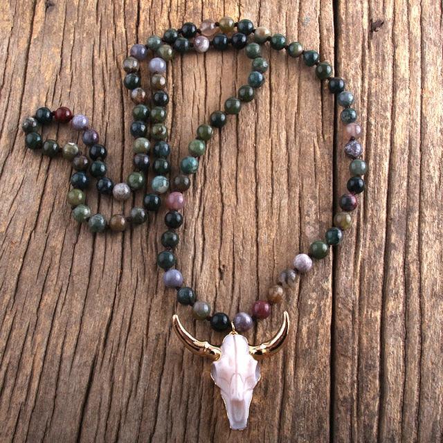 Chic Pink Bohemian Bull Head Pendant Necklace with Natural Stone Beads - 86cm Chain - Lucid Fantasy 