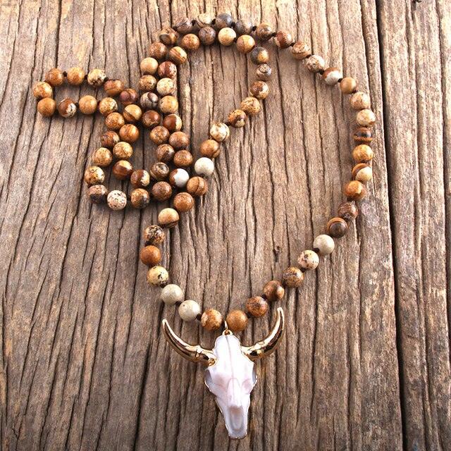 Chic Pink Bohemian Bull Head Pendant Necklace with Natural Stone Beads - 86cm Chain - Lucid Fantasy 