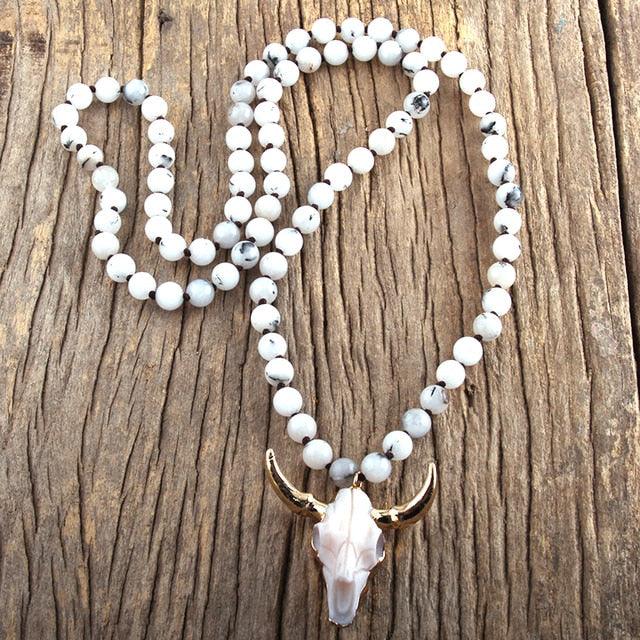 Chic Pink Bohemian Bull Head Pendant Necklace with Natural Stone Beads - 86cm Chain - Lucid Fantasy 