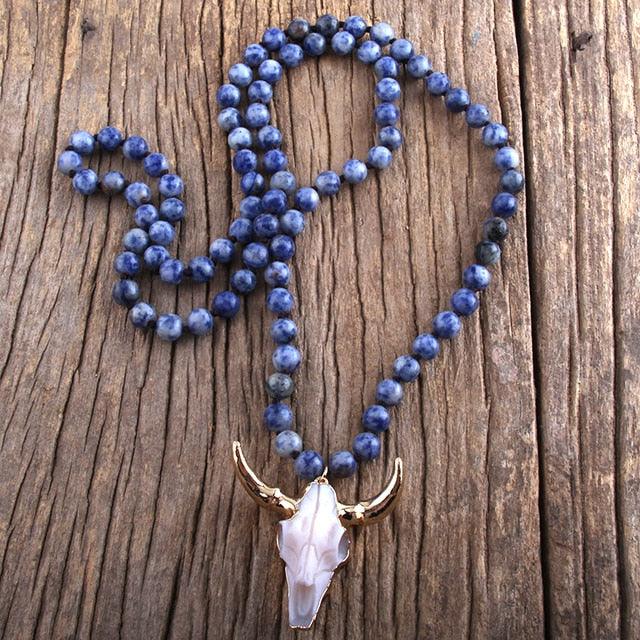 Chic Pink Bohemian Bull Head Pendant Necklace with Natural Stone Beads - 86cm Chain - Lucid Fantasy 