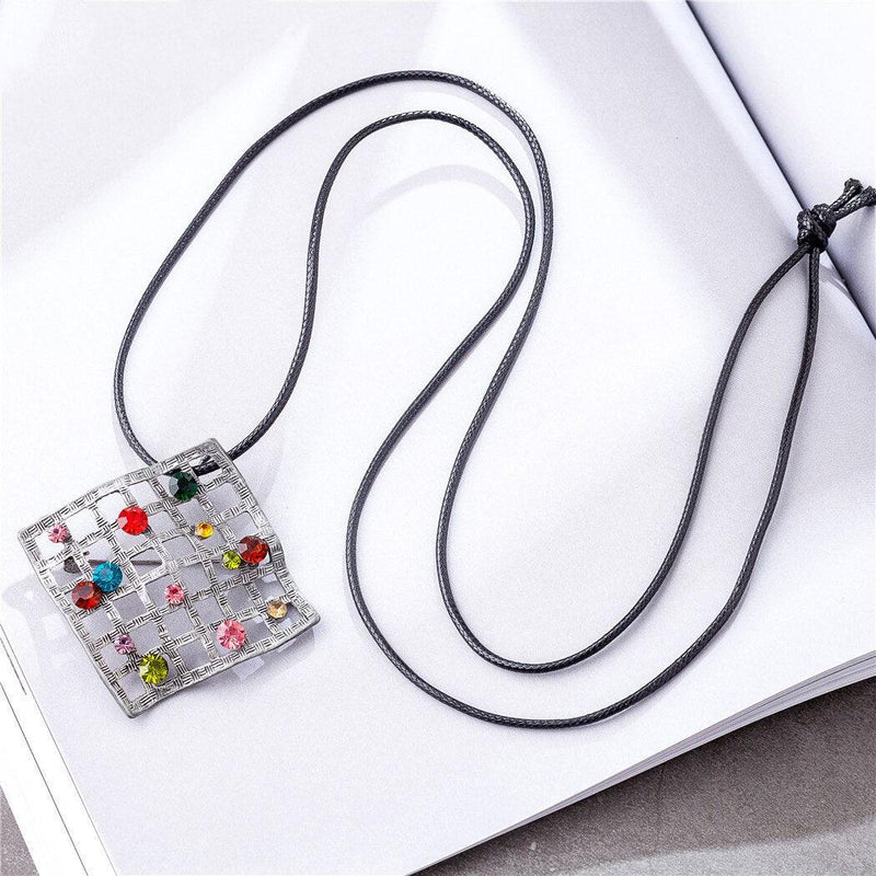 Chic Rainbow Gem Hollow Out Pendant Necklace - Bohemian Fashion Jewelry with 80cm Rope Chain - Lucid Fantasy 